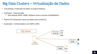 Big Data Clusters – Virtualização de Dados
• Virtualização / Federação de Dados via engine Polybase.
• PushDown – External Table
• Para Hadoop (HDFS, YARN). Polybase envia a consulta via MapReduce.
• Pipeline ETL (Copiando massas de dados entre ambients).
• Atualizados – Conformidades com GDPR / LGPD.
 