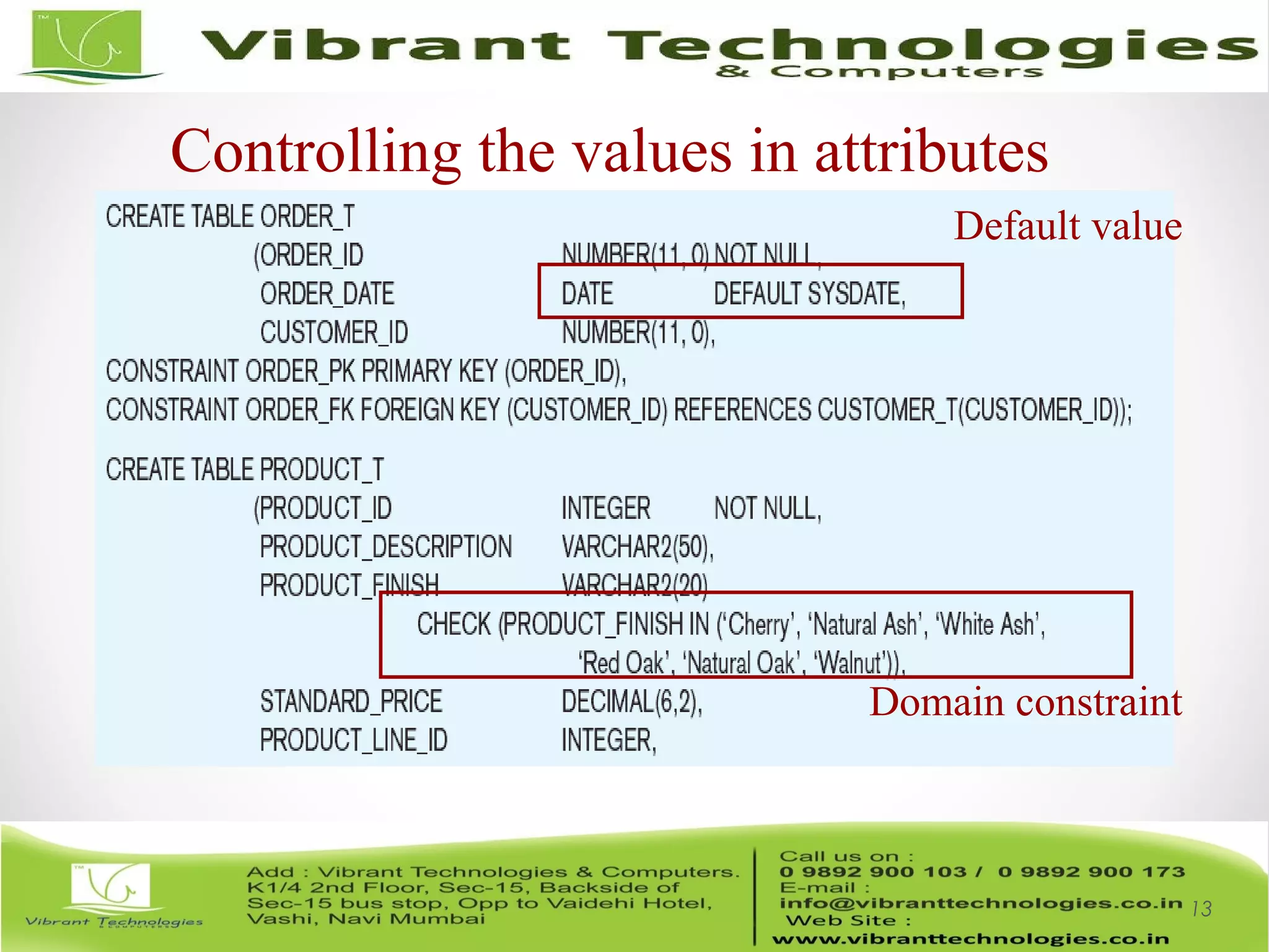 13
Default value
Domain constraint
Controlling the values in attributes
 