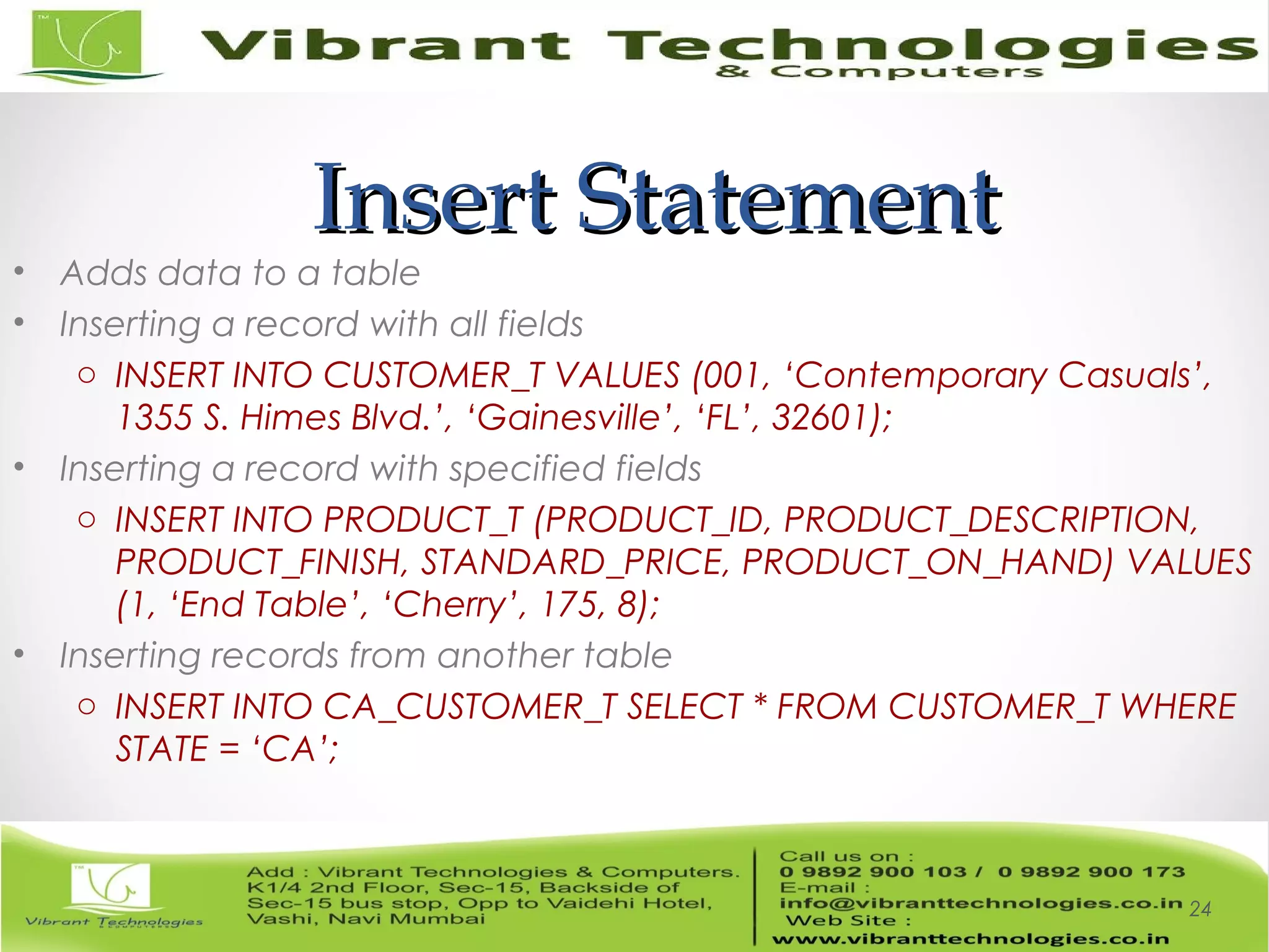 Insert StatementInsert Statement
• Adds data to a table
• Inserting a record with all fields
o INSERT INTO CUSTOMER_T VALUES (001, ‘Contemporary Casuals’,
1355 S. Himes Blvd.’, ‘Gainesville’, ‘FL’, 32601);
• Inserting a record with specified fields
o INSERT INTO PRODUCT_T (PRODUCT_ID, PRODUCT_DESCRIPTION,
PRODUCT_FINISH, STANDARD_PRICE, PRODUCT_ON_HAND) VALUES
(1, ‘End Table’, ‘Cherry’, 175, 8);
• Inserting records from another table
o INSERT INTO CA_CUSTOMER_T SELECT * FROM CUSTOMER_T WHERE
STATE = ‘CA’;
24
 