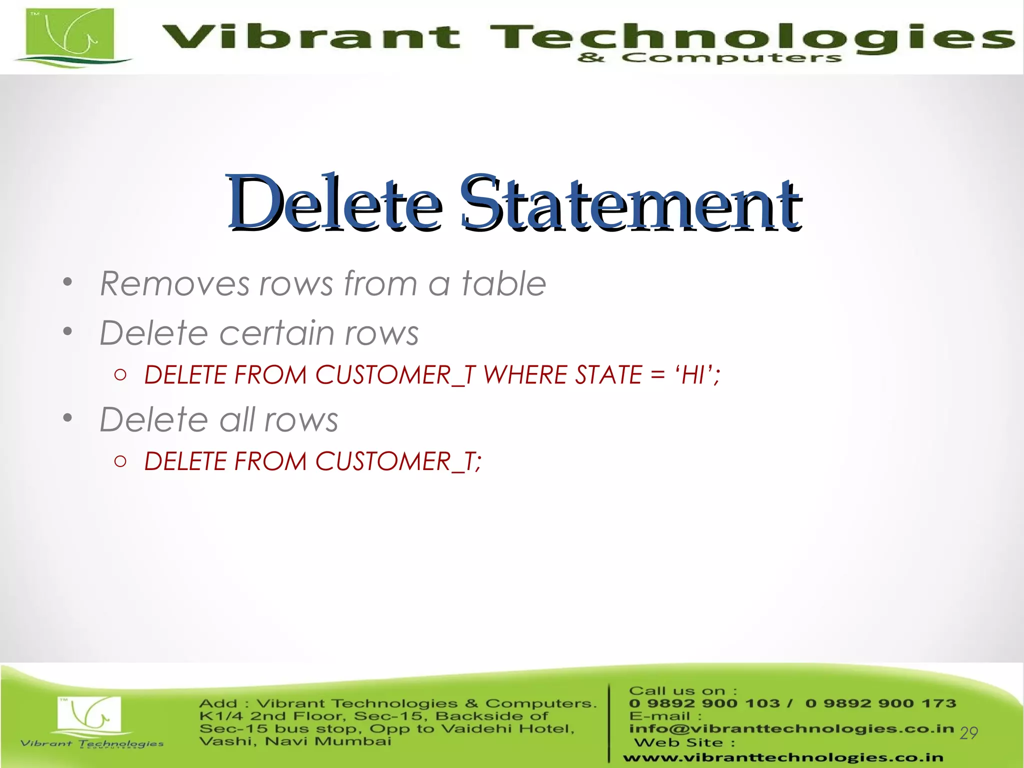 Delete StatementDelete Statement
• Removes rows from a table
• Delete certain rows
o DELETE FROM CUSTOMER_T WHERE STATE = ‘HI’;
• Delete all rows
o DELETE FROM CUSTOMER_T;
29
 