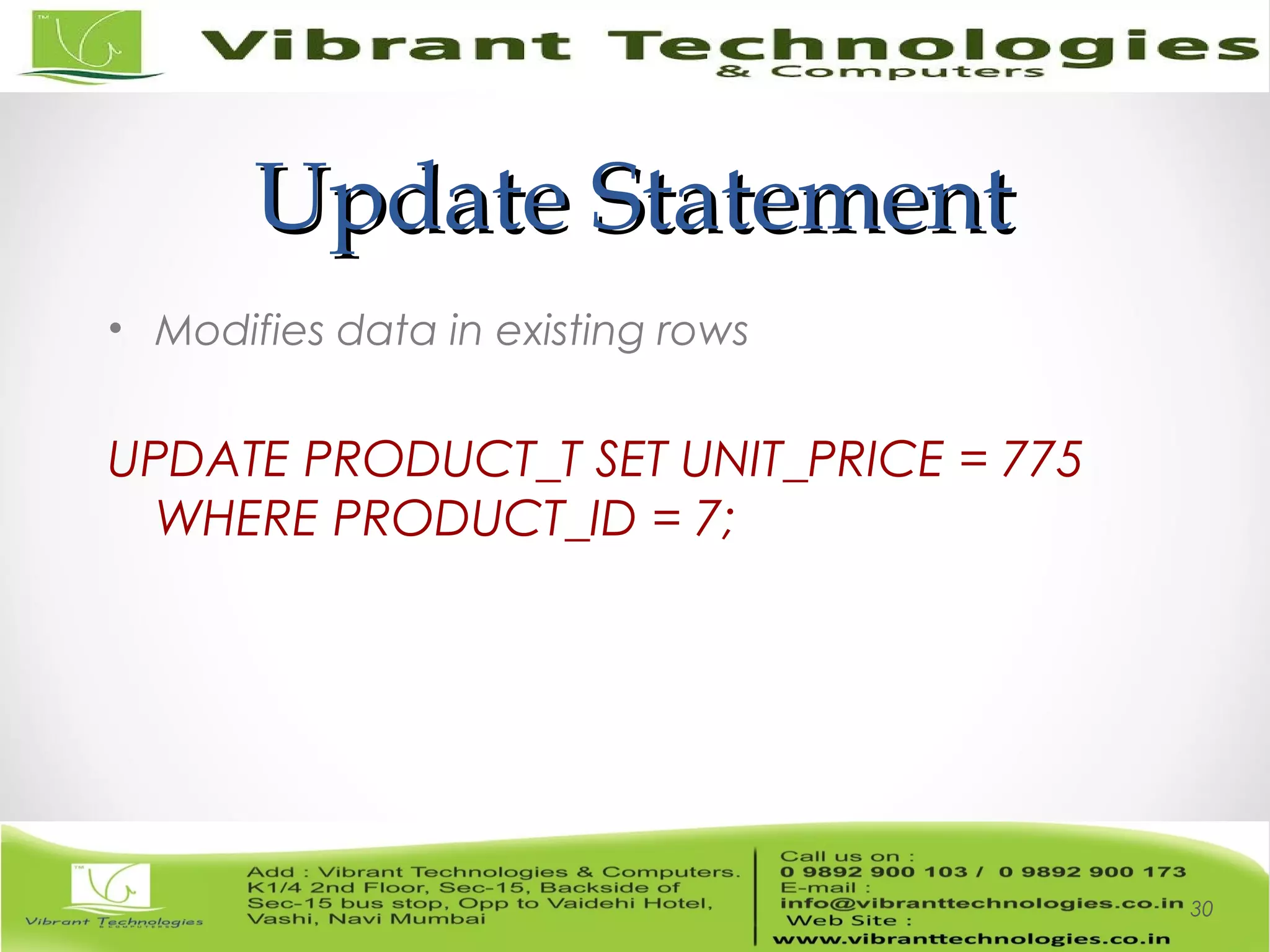 Update StatementUpdate Statement
• Modifies data in existing rows
UPDATE PRODUCT_T SET UNIT_PRICE = 775
WHERE PRODUCT_ID = 7;
30
 