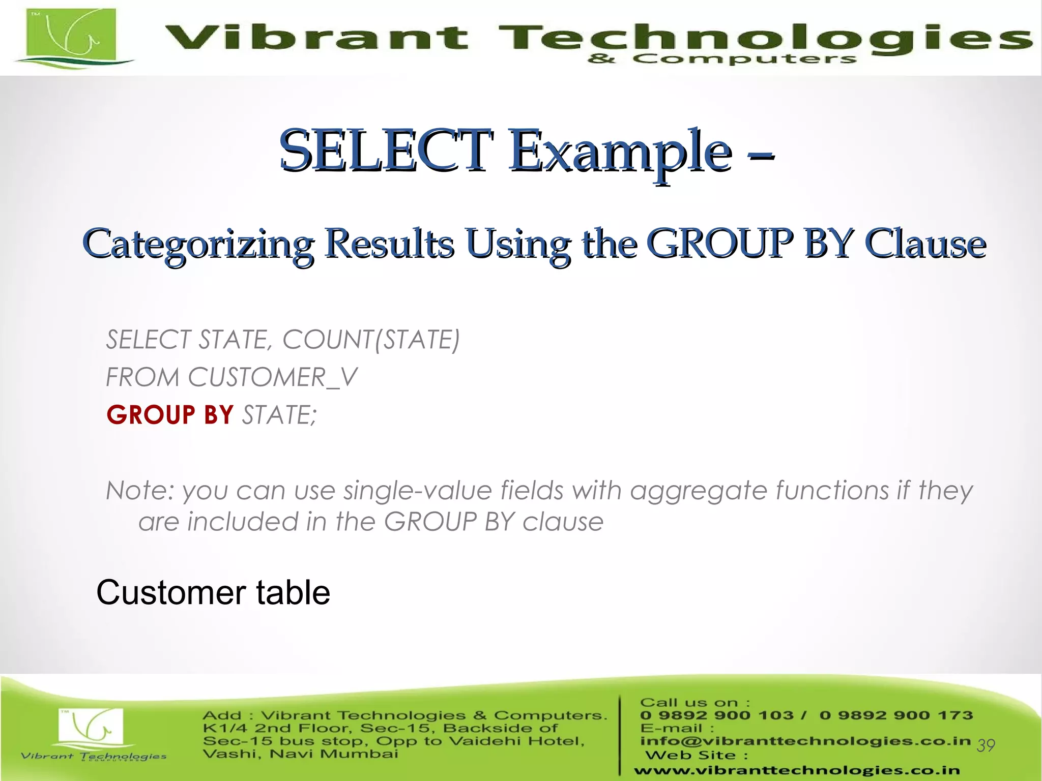 SELECT Example –SELECT Example –
Categorizing Results Using the GROUP BY ClauseCategorizing Results Using the GROUP BY Clause
SELECT STATE, COUNT(STATE)
FROM CUSTOMER_V
GROUP BY STATE;
Note: you can use single-value fields with aggregate functions if they
are included in the GROUP BY clause
39
Customer table
 