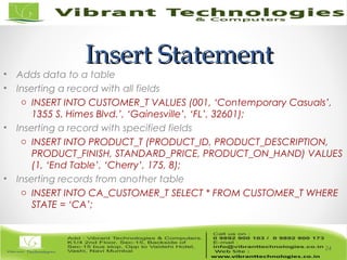 Insert StatementInsert Statement
• Adds data to a table
• Inserting a record with all fields
o INSERT INTO CUSTOMER_T VALUES (001, ‘Contemporary Casuals’,
1355 S. Himes Blvd.’, ‘Gainesville’, ‘FL’, 32601);
• Inserting a record with specified fields
o INSERT INTO PRODUCT_T (PRODUCT_ID, PRODUCT_DESCRIPTION,
PRODUCT_FINISH, STANDARD_PRICE, PRODUCT_ON_HAND) VALUES
(1, ‘End Table’, ‘Cherry’, 175, 8);
• Inserting records from another table
o INSERT INTO CA_CUSTOMER_T SELECT * FROM CUSTOMER_T WHERE
STATE = ‘CA’;
24
 