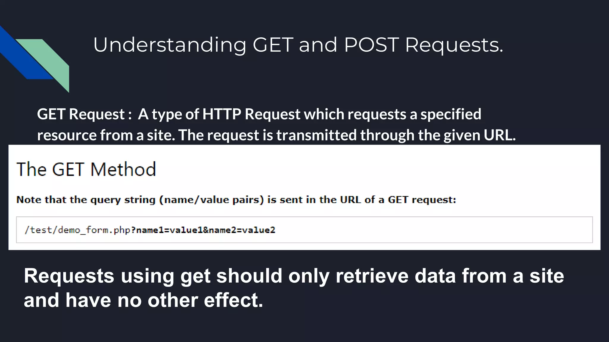 Understanding GET and POST Requests.
GET Request : A type of HTTP Request which requests a specified
resource from a site. The request is transmitted through the given URL.
Requests using get should only retrieve data from a site
and have no other effect.
 