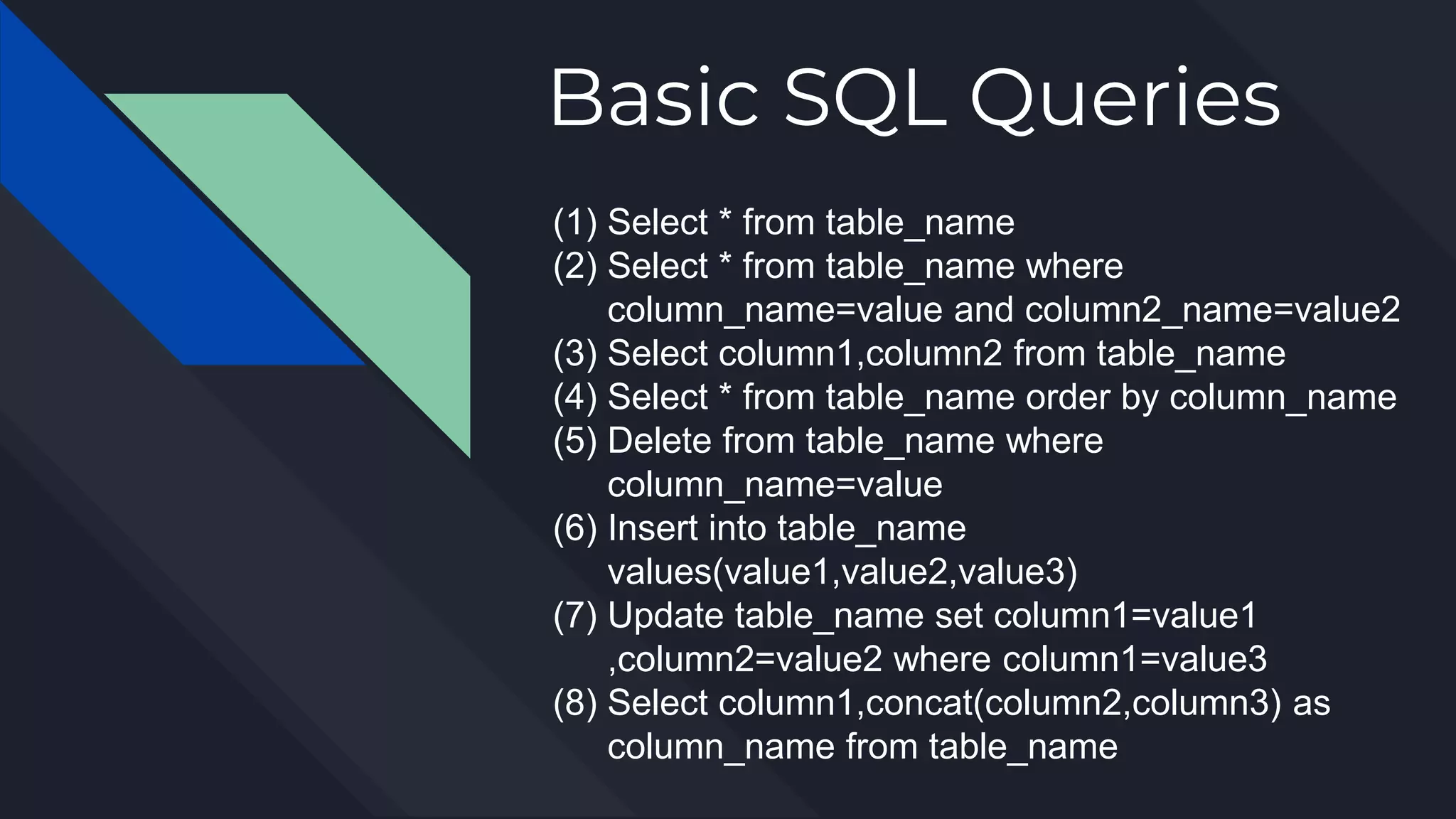 Basic SQL Queries
(1) Select * from table_name
(2) Select * from table_name where
column_name=value and column2_name=value2
(3) Select column1,column2 from table_name
(4) Select * from table_name order by column_name
(5) Delete from table_name where
column_name=value
(6) Insert into table_name
values(value1,value2,value3)
(7) Update table_name set column1=value1
,column2=value2 where column1=value3
(8) Select column1,concat(column2,column3) as
column_name from table_name
 