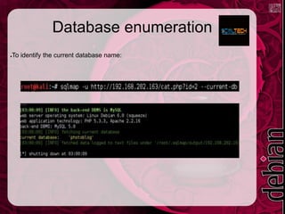 Database enumeration
●To identify the current database name:
 