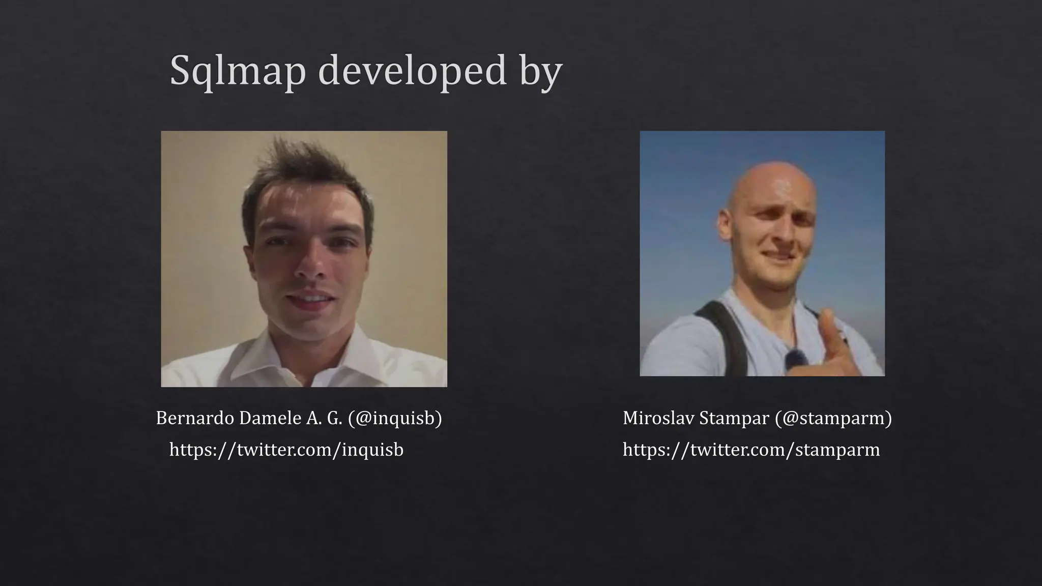 Bernardo Damele A. G. (@inquisb) Miroslav Stampar (@stamparm)
https://twitter.com/inquisb https://twitter.com/stamparm
 