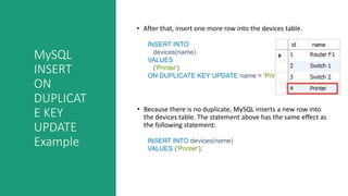 MySQL
INSERT
ON
DUPLICAT
E KEY
UPDATE
Example
• After that, insert one more row into the devices table.
INSERT INTO
devices(name)
VALUES
('Printer')
ON DUPLICATE KEY UPDATE name = 'Printer';
• Because there is no duplicate, MySQL inserts a new row into
the devices table. The statement above has the same effect as
the following statement:
INSERT INTO devices(name)
VALUES ('Printer');
 