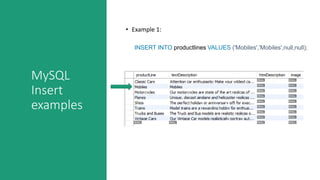 MySQL
Insert
examples
• Example 1:
INSERT INTO productlines VALUES ('Mobiles','Mobiles',null,null);
 