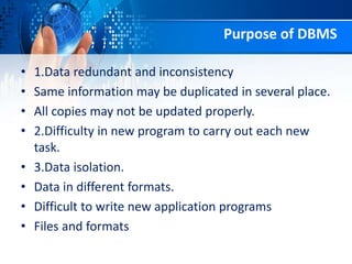 Purpose of DBMS
• 1.Data redundant and inconsistency
• Same information may be duplicated in several place.
• All copies may not be updated properly.
• 2.Difficulty in new program to carry out each new
task.
• 3.Data isolation.
• Data in different formats.
• Difficult to write new application programs
• Files and formats
 
