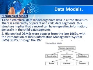 Hierarchical Model
1.The hierarchical data model organizes data in a tree structure.
There is a hierarchy of parent and child data segments. this
structure implies that a record can have repeating information,
generally in the child data segments.
2. Hierarchical DBMSs were popular from the late 1969s, with
the introduction of IBM’s Information Management System
(IMS) DBMS, through the 197
Data Models.
 