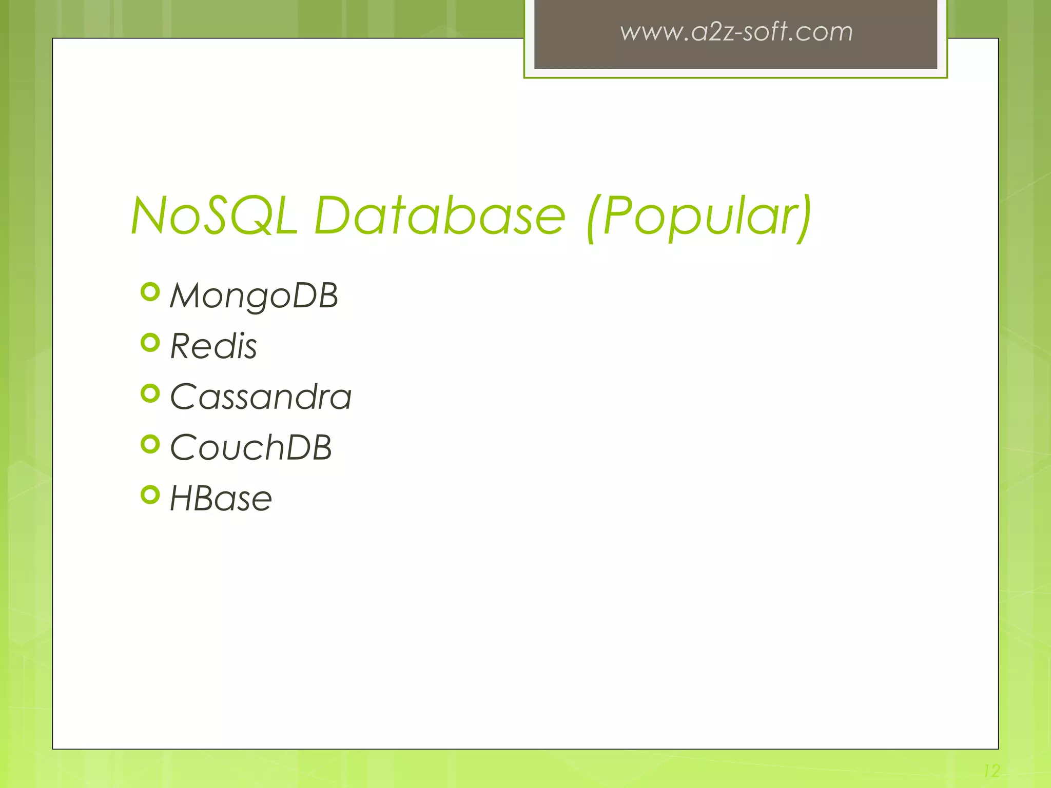 NoSQL Database (Popular)  MongoDB  Redis  Cassandra  CouchDB  HBase www.a2z-soft.com 12 