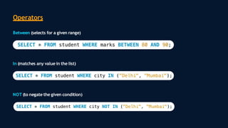 Between (selects for a given range)
In (matches any value in the list)
NOT (to negate the given condition)
Operators
 