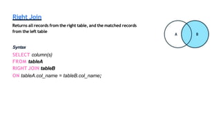Right Join
Returns all records from the right table, and the matched records
from the left table
Syntax
SELECT column(s)
FROM tableA
RIGHT JOIN tableB
ON tableA.col_name = tableB.col_name;
 