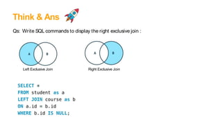 Qs: Write SQL commands to display the right exclusive join :
Think & Ans
Right Exclusive Join
Left Exclusive Join
 