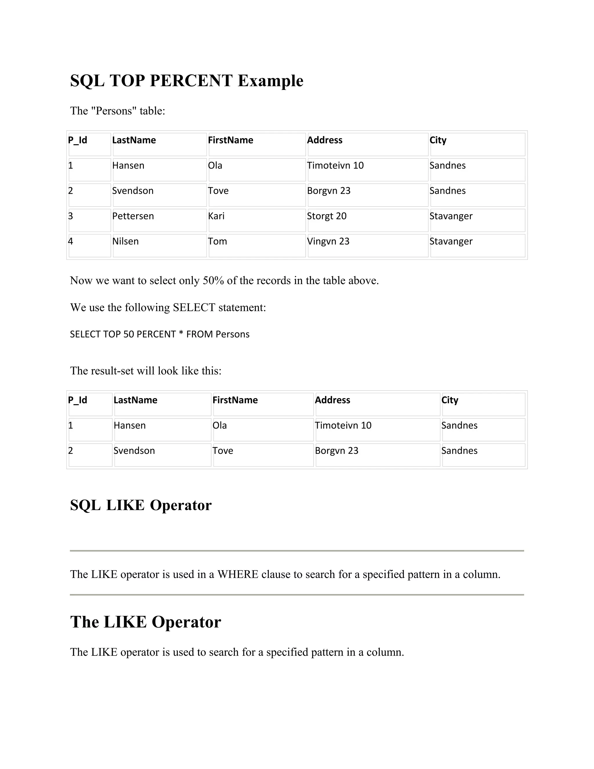 SQL TOP PERCENT Example
The "Persons" table:

P_Id     LastName              FirstName           Address                 City

1        Hansen                Ola                 Timoteivn 10            Sandnes

2        Svendson              Tove                Borgvn 23               Sandnes

3        Pettersen             Kari                Storgt 20               Stavanger

4        Nilsen                Tom                 Vingvn 23               Stavanger


Now we want to select only 50% of the records in the table above.

We use the following SELECT statement:

SELECT TOP 50 PERCENT * FROM Persons


The result-set will look like this:

P_Id      LastName              FirstName           Address                  City

1         Hansen                Ola                 Timoteivn 10             Sandnes

2         Svendson              Tove                Borgvn 23                Sandnes




SQL LIKE Operator



The LIKE operator is used in a WHERE clause to search for a specified pattern in a column.



The LIKE Operator
The LIKE operator is used to search for a specified pattern in a column.
 