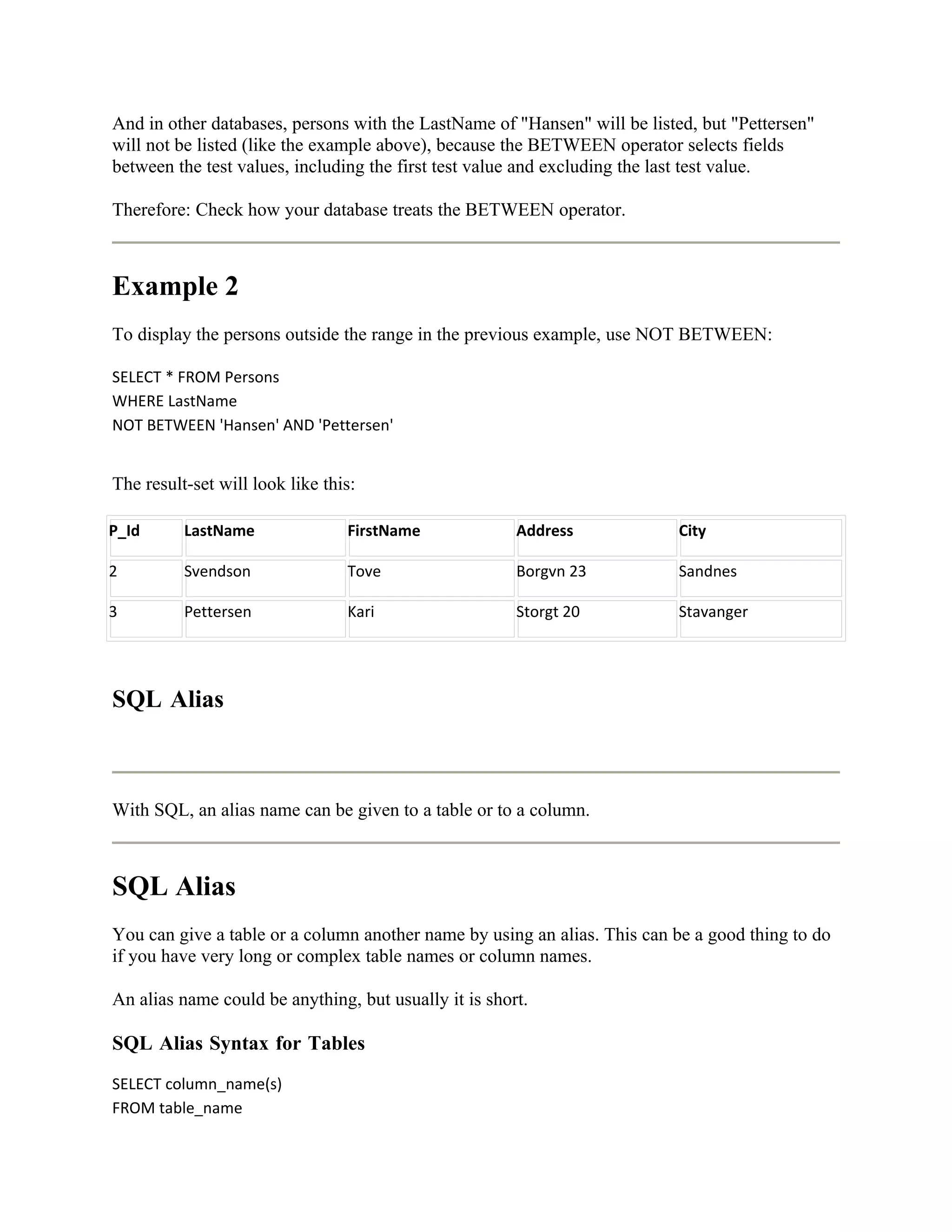 And in other databases, persons with the LastName of "Hansen" will be listed, but "Pettersen"
will not be listed (like the example above), because the BETWEEN operator selects fields
between the test values, including the first test value and excluding the last test value.

Therefore: Check how your database treats the BETWEEN operator.



Example 2
To display the persons outside the range in the previous example, use NOT BETWEEN:

SELECT * FROM Persons
WHERE LastName
NOT BETWEEN 'Hansen' AND 'Pettersen'


The result-set will look like this:

P_Id      LastName               FirstName             Address             City

2         Svendson               Tove                  Borgvn 23           Sandnes

3         Pettersen              Kari                  Storgt 20           Stavanger




SQL Alias



With SQL, an alias name can be given to a table or to a column.



SQL Alias
You can give a table or a column another name by using an alias. This can be a good thing to do
if you have very long or complex table names or column names.

An alias name could be anything, but usually it is short.

SQL Alias Syntax for Tables
SELECT column_name(s)
FROM table_name
 