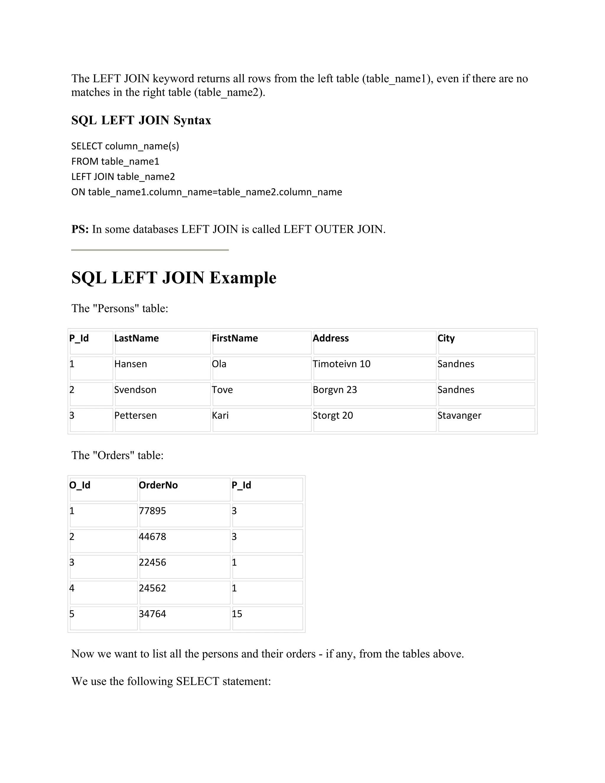 The LEFT JOIN keyword returns all rows from the left table (table_name1), even if there are no
matches in the right table (table_name2).

SQL LEFT JOIN Syntax
SELECT column_name(s)
FROM table_name1
LEFT JOIN table_name2
ON table_name1.column_name=table_name2.column_name


PS: In some databases LEFT JOIN is called LEFT OUTER JOIN.



SQL LEFT JOIN Example
The "Persons" table:

P_Id     LastName             FirstName             Address                    City

1        Hansen               Ola                   Timoteivn 10               Sandnes

2        Svendson             Tove                  Borgvn 23                  Sandnes

3        Pettersen            Kari                  Storgt 20                  Stavanger


The "Orders" table:

O_Id          OrderNo                P_Id

1             77895                  3

2             44678                  3

3             22456                  1

4             24562                  1

5             34764                  15


Now we want to list all the persons and their orders - if any, from the tables above.

We use the following SELECT statement:
 