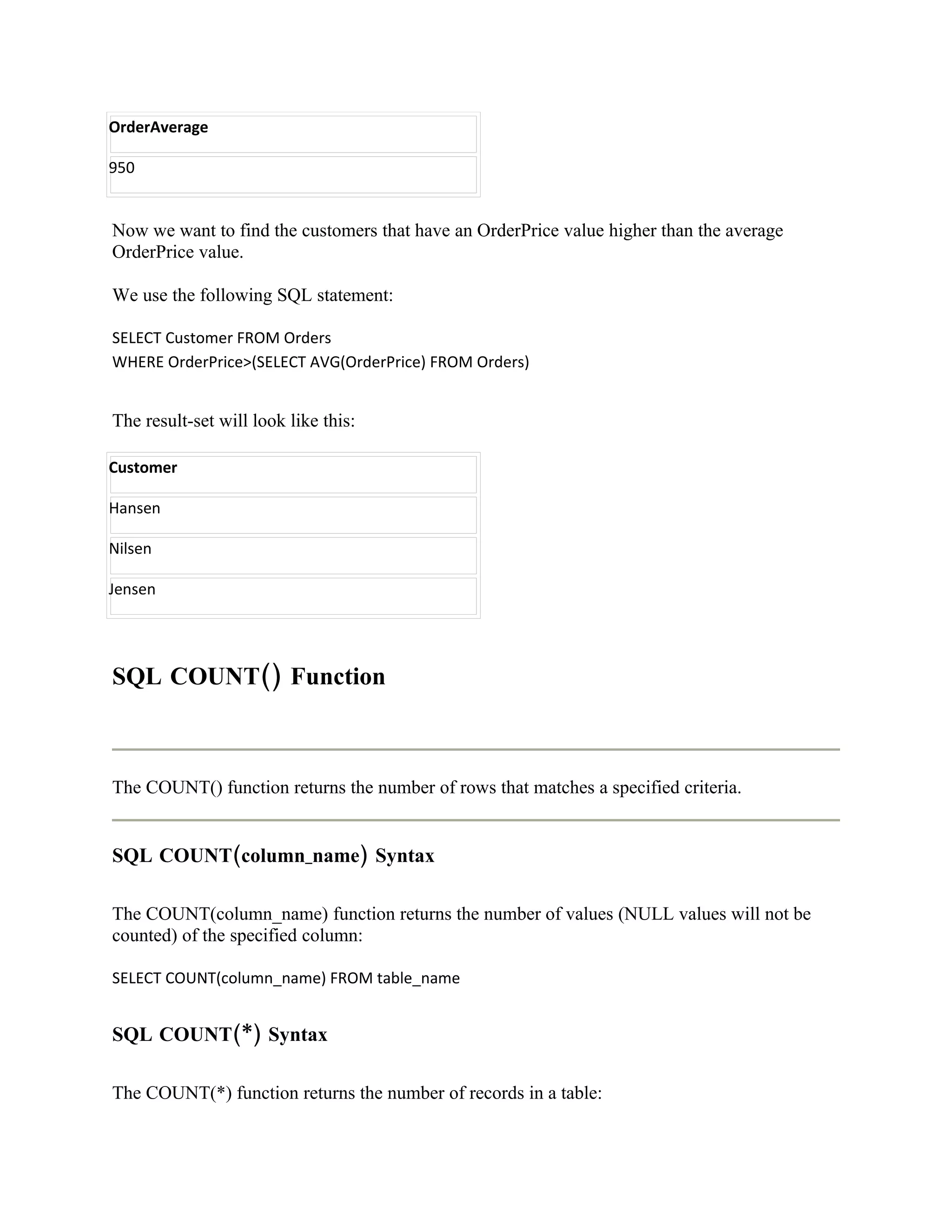 OrderAverage

950


Now we want to find the customers that have an OrderPrice value higher than the average
OrderPrice value.

We use the following SQL statement:

SELECT Customer FROM Orders
WHERE OrderPrice>(SELECT AVG(OrderPrice) FROM Orders)


The result-set will look like this:

Customer

Hansen

Nilsen

Jensen




SQL COUNT() Function



The COUNT() function returns the number of rows that matches a specified criteria.


SQL COUNT(column_name) Syntax

The COUNT(column_name) function returns the number of values (NULL values will not be
counted) of the specified column:

SELECT COUNT(column_name) FROM table_name


SQL COUNT(*) Syntax

The COUNT(*) function returns the number of records in a table:
 