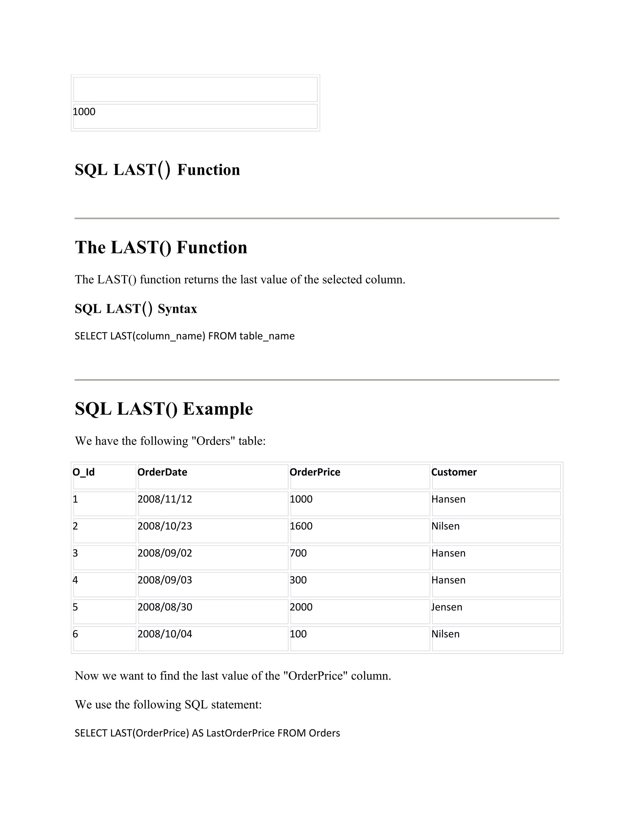 1000




SQL LAST() Function



The LAST() Function
The LAST() function returns the last value of the selected column.

SQL LAST() Syntax
SELECT LAST(column_name) FROM table_name




SQL LAST() Example
We have the following "Orders" table:

O_Id        OrderDate                     OrderPrice                 Customer

1           2008/11/12                    1000                       Hansen

2           2008/10/23                    1600                       Nilsen

3           2008/09/02                    700                        Hansen

4           2008/09/03                    300                        Hansen

5           2008/08/30                    2000                       Jensen

6           2008/10/04                    100                        Nilsen


Now we want to find the last value of the "OrderPrice" column.

We use the following SQL statement:

SELECT LAST(OrderPrice) AS LastOrderPrice FROM Orders
 