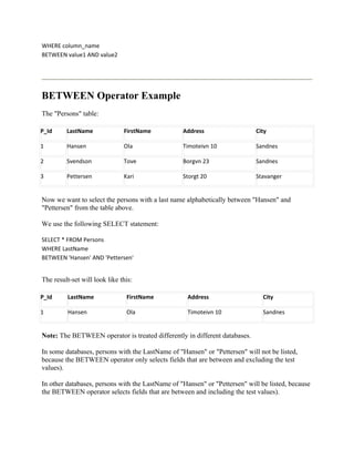 WHERE column_name
BETWEEN value1 AND value2




BETWEEN Operator Example
The "Persons" table:

P_Id     LastName              FirstName          Address                   City

1        Hansen                Ola                Timoteivn 10              Sandnes

2        Svendson              Tove               Borgvn 23                 Sandnes

3        Pettersen             Kari               Storgt 20                 Stavanger


Now we want to select the persons with a last name alphabetically between "Hansen" and
"Pettersen" from the table above.

We use the following SELECT statement:

SELECT * FROM Persons
WHERE LastName
BETWEEN 'Hansen' AND 'Pettersen'


The result-set will look like this:

P_Id      LastName              FirstName           Address                    City

1         Hansen                Ola                 Timoteivn 10               Sandnes


Note: The BETWEEN operator is treated differently in different databases.

In some databases, persons with the LastName of "Hansen" or "Pettersen" will not be listed,
because the BETWEEN operator only selects fields that are between and excluding the test
values).

In other databases, persons with the LastName of "Hansen" or "Pettersen" will be listed, because
the BETWEEN operator selects fields that are between and including the test values).
 