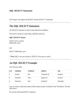 SQL SELECT Statement



This chapter will explain the SELECT and the SELECT * statements.



The SQL SELECT Statement
The SELECT statement is used to select data from a database.

The result is stored in a result table, called the result-set.

SQL SELECT Syntax
SELECT column_name(s)
FROM table_name


and

SELECT * FROM table_name


    Note: SQL is not case sensitive. SELECT is the same as select.



An SQL SELECT Example
The "Persons" table:

P_Id      LastName              FirstName              Address         City

1         Hansen                Ola                    Timoteivn 10    Sandnes

2         Svendson              Tove                   Borgvn 23       Sandnes

3         Pettersen             Kari                   Storgt 20       Stavanger


Now we want to select the content of the columns named "LastName" and "FirstName" from the
table above.

We use the following SELECT statement:
 