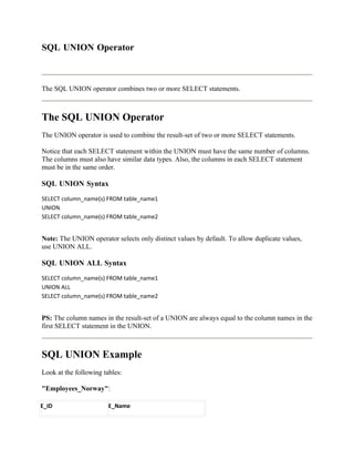 SQL UNION Operator



The SQL UNION operator combines two or more SELECT statements.



The SQL UNION Operator
The UNION operator is used to combine the result-set of two or more SELECT statements.

Notice that each SELECT statement within the UNION must have the same number of columns.
The columns must also have similar data types. Also, the columns in each SELECT statement
must be in the same order.

SQL UNION Syntax
SELECT column_name(s) FROM table_name1
UNION
SELECT column_name(s) FROM table_name2


Note: The UNION operator selects only distinct values by default. To allow duplicate values,
use UNION ALL.

SQL UNION ALL Syntax
SELECT column_name(s) FROM table_name1
UNION ALL
SELECT column_name(s) FROM table_name2


PS: The column names in the result-set of a UNION are always equal to the column names in the
first SELECT statement in the UNION.



SQL UNION Example
Look at the following tables:

"Employees_Norway":

E_ID                    E_Name
 