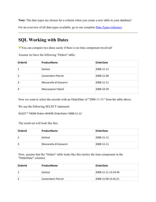 Note: The date types are chosen for a column when you create a new table in your database!

For an overview of all data types available, go to our complete Data Types reference.



SQL Working with Dates
    You can compare two dates easily if there is no time component involved!

Assume we have the following "Orders" table:

OrderId             ProductName                               OrderDate

1                   Geitost                                   2008-11-11

2                   Camembert Pierrot                         2008-11-09

3                   Mozzarella di Giovanni                    2008-11-11

4                   Mascarpone Fabioli                        2008-10-29


Now we want to select the records with an OrderDate of "2008-11-11" from the table above.

We use the following SELECT statement:

SELECT * FROM Orders WHERE OrderDate='2008-11-11'


The result-set will look like this:

OrderId             ProductName                               OrderDate

1                   Geitost                                   2008-11-11

3                   Mozzarella di Giovanni                    2008-11-11


Now, assume that the "Orders" table looks like this (notice the time component in the
"OrderDate" column):

OrderId             ProductName                               OrderDate

1                   Geitost                                   2008-11-11 13:23:44

2                   Camembert Pierrot                         2008-11-09 15:45:21
 