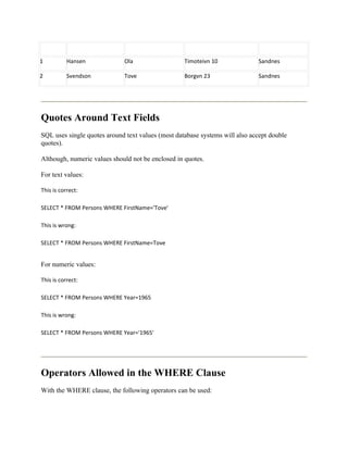 1          Hansen            Ola                   Timoteivn 10              Sandnes

2          Svendson          Tove                  Borgvn 23                 Sandnes




Quotes Around Text Fields
SQL uses single quotes around text values (most database systems will also accept double
quotes).

Although, numeric values should not be enclosed in quotes.

For text values:

This is correct:

SELECT * FROM Persons WHERE FirstName='Tove'

This is wrong:

SELECT * FROM Persons WHERE FirstName=Tove


For numeric values:

This is correct:

SELECT * FROM Persons WHERE Year=1965

This is wrong:

SELECT * FROM Persons WHERE Year='1965'




Operators Allowed in the WHERE Clause
With the WHERE clause, the following operators can be used:
 