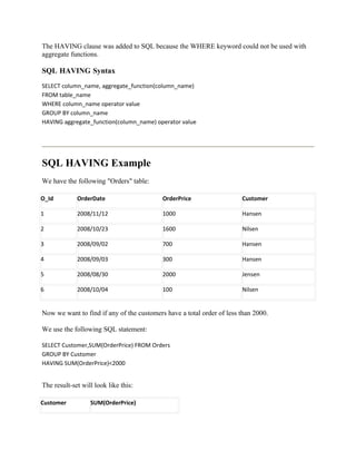 The HAVING clause was added to SQL because the WHERE keyword could not be used with
aggregate functions.

SQL HAVING Syntax
SELECT column_name, aggregate_function(column_name)
FROM table_name
WHERE column_name operator value
GROUP BY column_name
HAVING aggregate_function(column_name) operator value




SQL HAVING Example
We have the following "Orders" table:

O_Id         OrderDate                     OrderPrice                  Customer

1            2008/11/12                    1000                        Hansen

2            2008/10/23                    1600                        Nilsen

3            2008/09/02                    700                         Hansen

4            2008/09/03                    300                         Hansen

5            2008/08/30                    2000                        Jensen

6            2008/10/04                    100                         Nilsen


Now we want to find if any of the customers have a total order of less than 2000.

We use the following SQL statement:

SELECT Customer,SUM(OrderPrice) FROM Orders
GROUP BY Customer
HAVING SUM(OrderPrice)<2000


The result-set will look like this:

Customer          SUM(OrderPrice)
 