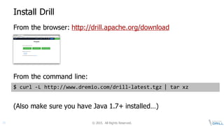 ©  2015.   All  Rights  Reserved.16
Install  Drill
From  the  browser:  http://drill.apache.org/download
From  the  command  line:
(Also  make  sure  you  have  Java  1.7+  installed…)
$  curl  -­‐L  http://www.dremio.com/drill-­‐latest.tgz |  tar  xz
 