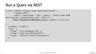 ©  2015.   All  Rights  Reserved.40
Run  a  Query  via  REST
$  curl  -­‐-­‐header  "Content-­‐Type:  application/json"  
-­‐-­‐request  POST  
-­‐-­‐data  '{"queryType":  "SQL",  "query":  "SELECT  name  FROM  
dfs.tutorial.`yelp/business.json`  LIMIT  3"}'  
http://localhost:8047/query.json |  python  -­‐m  json.tool
{
"columns":  ["name"],
"rows":  [
{"name":  "Eric  Goldberg,  MD"  },
{"name":  "Pine  Cone  Restaurant"},
{"name":  "Deforest  Family  Restaurant"}
]
}
 