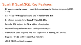 Spark & SparkSQL Key Features
•  Strong community support - currently the most popular Hadoop component (2015,
2016)
•  Can run as YARN application and runs in memory and disk
•  Developers can use Java, Scala, Python, R & SQL
•  Powerful SQL features like Pivot tables, efficient Joins
•  Improved Query performance and caching with Catalyst
•  Claims 100X faster response time over MapReduce in memory, 10X on disk.
•  Supports HiveQL and leverages Hive metastore
•  JDBC, OBDC and beeline support
 