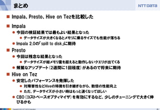 20Copyright © 2014 NTT DATA Corporation
まとめ
 Impala、Presto、Hive on Tezを比較した
 Impala
 今回の検証結果では最もよい結果となった
 データサイズが大きくなるとメモリに乗るサイズでも性能が落ちる
 Impala 2.0の「spill to disk」に期待
 Presto
 今回は残念な結果となった
 データサイズが総メモリ量を超えると動作しないクエリが出てくる
 頻繁なアップデート(2週間に1回程度)があるので将来に期待
 Hive on Tez
 安定したパフォーマンスを発揮した
 対障害性などHiveの特徴を引き継ぎながら、数倍の性能向上
 ただ、データサイズが小さい時はもっと速くなってほしい
 CBO(コストベースオプティマイザ)を有効にするなど、少しのチューニングで大きく伸
びるかも
 