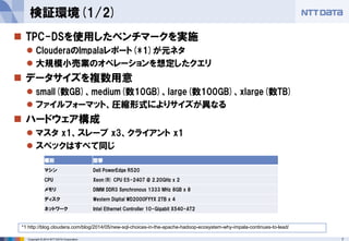 7Copyright © 2014 NTT DATA Corporation
検証環境(1/2)
 TPC-DSを使用したベンチマークを実施
 ClouderaのImpalaレポート(*1)が元ネタ
 大規模小売業のオペレーションを想定したクエリ
 データサイズを複数用意
 small(数GB)、medium(数10GB)、large(数100GB)、xlarge(数TB)
 ファイルフォーマット、圧縮形式によりサイズが異なる
 ハードウェア構成
 マスタ x1、スレーブ x3、クライアント x1
 スペックはすべて同じ
種別 型番
マシン Dell PowerEdge R520
CPU Xeon(R) CPU E5-2407 @ 2.20GHz x 2
メモリ DIMM DDR3 Synchronous 1333 MHz 8GB x 8
ディスク Western Digital WD2000FYYX 2TB x 4
ネットワーク Intel Ethernet Controller 10-Gigabit X540-AT2
*1 http://blog.cloudera.com/blog/2014/05/new-sql-choices-in-the-apache-hadoop-ecosystem-why-impala-continues-to-lead/
 