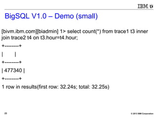 © 2013 IBM Corporation23
BigSQL V1.0 – Demo (small)
[bivm.ibm.com][biadmin] 1> select count(*) from trace1 t3 inner
join trace2 t4 on t3.hour=t4.hour;
+--------+
| |
+--------+
| 477340 |
+--------+
1 row in results(first row: 32.24s; total: 32.25s)
 