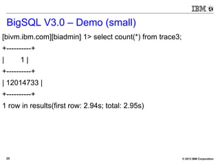 © 2013 IBM Corporation25
BigSQL V3.0 – Demo (small)
[bivm.ibm.com][biadmin] 1> select count(*) from trace3;
+----------+
| 1 |
+----------+
| 12014733 |
+----------+
1 row in results(first row: 2.94s; total: 2.95s)
 