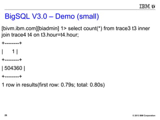 © 2013 IBM Corporation26
BigSQL V3.0 – Demo (small)
[bivm.ibm.com][biadmin] 1> select count(*) from trace3 t3 inner
join trace4 t4 on t3.hour=t4.hour;
+--------+
| 1 |
+--------+
| 504360 |
+--------+
1 row in results(first row: 0.79s; total: 0.80s)
 