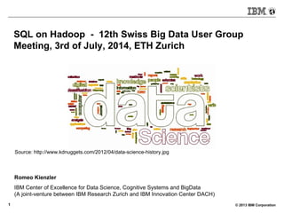 © 2013 IBM Corporation1
SQL on Hadoop - 12th Swiss Big Data User Group
Meeting, 3rd of July, 2014, ETH Zurich
Romeo Kienzler
IBM Center of Excellence for Data Science, Cognitive Systems and BigData
(A joint-venture between IBM Research Zurich and IBM Innovation Center DACH)
Source: http://www.kdnuggets.com/2012/04/data-science-history.jpg
 