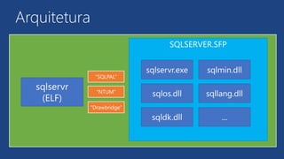 SQLSERVER.SFP
Arquitetura
sqlservr
(ELF)
sqlservr.exe
sqlos.dll
sqldk.dll
sqlmin.dll
sqllang.dll
...
“SQLPAL”
“NTUM”
“Drawbridge”
 