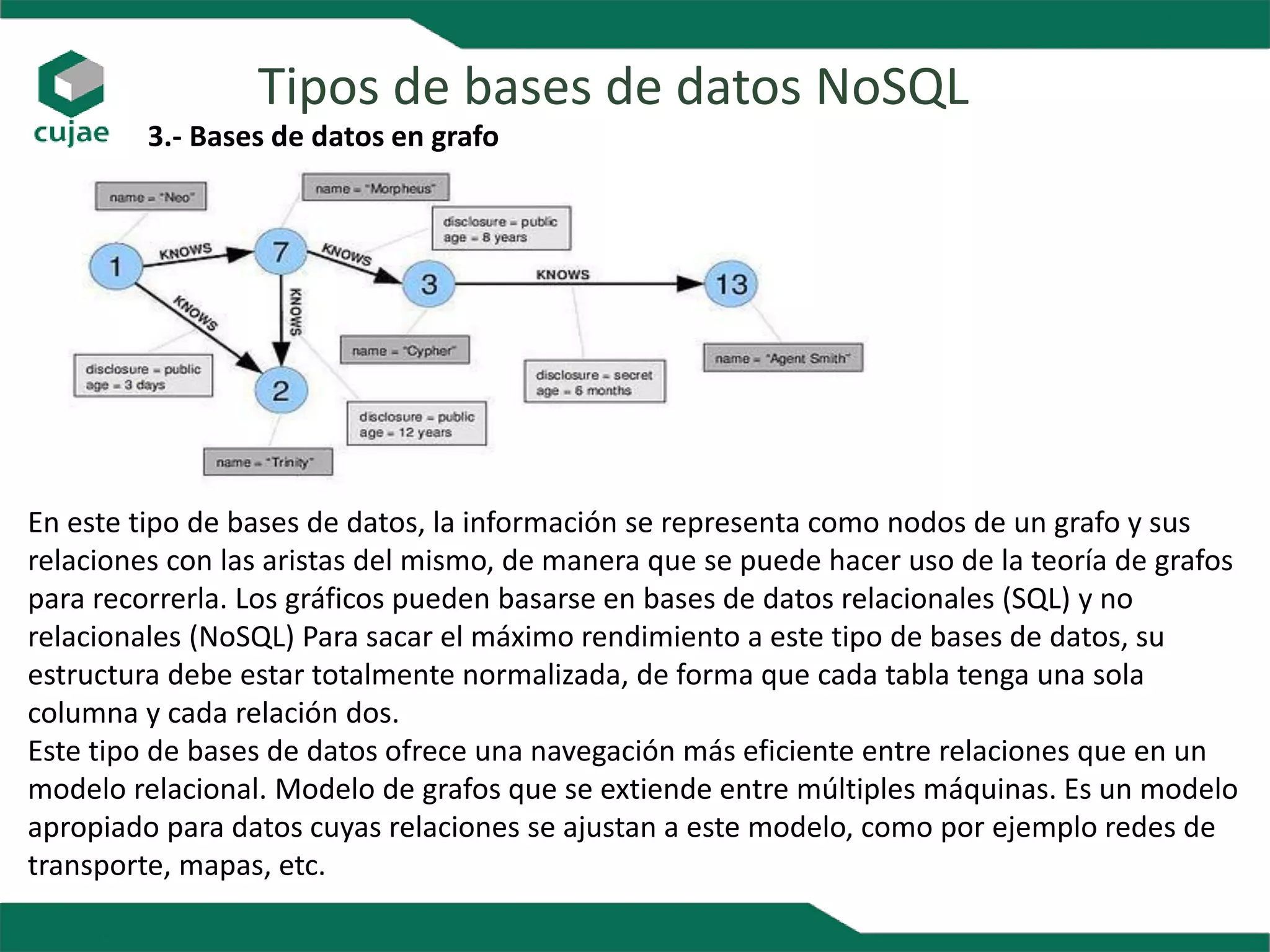 Tipos de bases de datos NoSQL
3.- Bases de datos en grafo
En este tipo de bases de datos, la información se representa como nodos de un grafo y sus
relaciones con las aristas del mismo, de manera que se puede hacer uso de la teoría de grafos
para recorrerla. Los gráficos pueden basarse en bases de datos relacionales (SQL) y no
relacionales (NoSQL) Para sacar el máximo rendimiento a este tipo de bases de datos, su
estructura debe estar totalmente normalizada, de forma que cada tabla tenga una sola
columna y cada relación dos.
Este tipo de bases de datos ofrece una navegación más eficiente entre relaciones que en un
modelo relacional. Modelo de grafos que se extiende entre múltiples máquinas. Es un modelo
apropiado para datos cuyas relaciones se ajustan a este modelo, como por ejemplo redes de
transporte, mapas, etc.
 