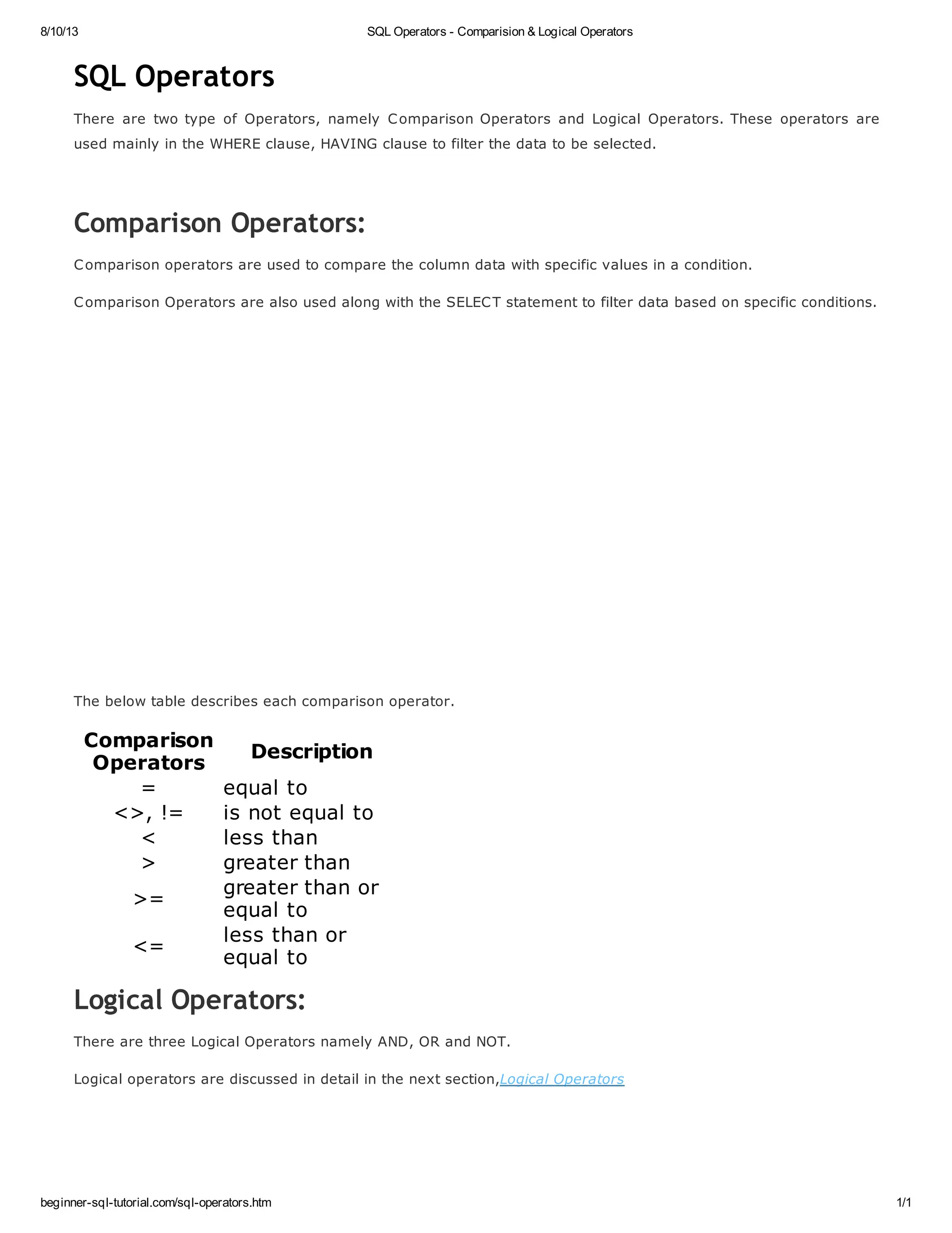 Sql operators comparision & logical operators | PDF
