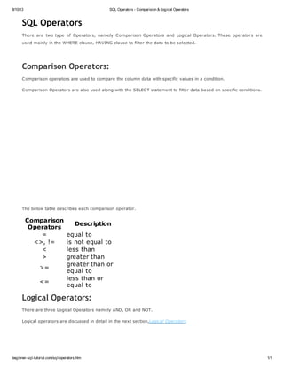 8/10/13 SQL Operators - Comparision & Logical Operators
beginner-sql-tutorial.com/sql-operators.htm 1/1
SQL Operators
There are two type of Operators, namely Comparison Operators and Logical Operators. These operators are
used mainly in the WHERE clause, HAVING clause to filter the data to be selected.
Comparison Operators:
Comparison operators are used to compare the column data with specific values in a condition.
Comparison Operators are also used along with the SELECT statement to filter data based on specific conditions.
The below table describes each comparison operator.
Comparison
Operators
Description
= equal to
<>, != is not equal to
< less than
> greater than
>=
greater than or
equal to
<=
less than or
equal to
Logical Operators:
There are three Logical Operators namely AND, OR and NOT.
Logical operators are discussed in detail in the next section,Logical Operators
 
