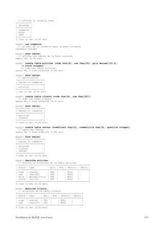 // affiche la nouvelle base
+----------+
| Database |
+----------+
| commerce |
| mysql    |
| test     |
+----------+
3 rows in set (0.00 sec)

mysql> use commerce;
  // on fait de la nouvelle base la base courante
Database changed

mysql> show tables;
  // affiche les tables de la base courante
Empty set (0.00 sec)

mysql> create table articles (code char(4), nom char(20), prix decimal(10,2),
    -> stock integer);
    // crée une table articles
Query OK, 0 rows affected (0.00 sec)

mysql> show tables;
  // vérification
+--------------------+
| Tables in commerce |
+--------------------+
| articles           |
+--------------------+
1 row in set (0.00 sec)

mysql> create table clients (code char(4), nom char(20));
  // crée une table clients
Query OK, 0 rows affected (0.01 sec)

mysql> show tables;
+--------------------+
| Tables in commerce |
+--------------------+
| articles           |
| clients            |
+--------------------+
2 rows in set (0.00 sec)

mysql> create table ventes (codeClient char(4), codeArticle char(4), quantite integer);
  // table des ventes
Query OK, 0 rows affected (0.00 sec)

mysql> show tables;
+--------------------+
| Tables in commerce |
+--------------------+
| articles           |
| clients            |
| ventes             |
+--------------------+
3 rows in set (0.00 sec)

mysql> describe articles;
  // affiche la structure de la table articles
+-------+---------------+------+-----+---------+-------+
| Field | Type           | Null | Key | Default | Extra |
+-------+---------------+------+-----+---------+-------+
| code | char(4)         | YES |      | NULL    |       |
| nom   | char(20)       | YES |      | NULL    |       |
| prix | decimal(10,2) | YES |        | NULL    |       |
| stock | int(11)        | YES |      | NULL    |       |
+-------+---------------+------+-----+---------+-------+
4 rows in set (0.00 sec)

mysql> describe clients;
  // structure de la table clients
+-------+----------+------+-----+---------+-------+
| Field | Type     | Null | Key | Default | Extra |
+-------+----------+------+-----+---------+-------+
| code | char(4) | YES |        | NULL    |       |
| nom   | char(20) | YES |      | NULL    |       |
+-------+----------+------+-----+---------+-------+
2 rows in set (0.00 sec)



Installation de MySQL sous Linux                                                          115
 