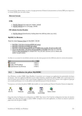 En suivant le lien alternate formats, on arrive à la page permettant d'obtenir la documentation au format PDF pour impression
ou format HTML pour une aide en ligne.




Au final, on a au moins les trois fichiers suivants avec des noms qui peuvent être différents selon les versions du moment.




 11.2         Installation du pilote MyODBC
Sous Windows, un pilote ODBC (Open DataBase Connectivity) sert à masquer aux applications les particularités des bases
de données. Ainsi une application Windows pourra utiliser l'interface standard des pilotes ODBC sans se préoccuper de la
base de données qui est derrière. Celle-ci peut changer, l'application elle n'aura pas à être réécrite. Cette souplesse se paie par
une moindre performance vis à vis des pilotes écrits spécialement pour la base de données.

Vous pouvez voir la liste des pilotes ODBC déjà installés sur votre machine par Démarrer/Paramètres/Panneau de configuration.




L'une des icônes du Panneau de configuration est ODBC Data Sources. C'est l'outil de configuration des bases de données
ODBC c'est à dire des bases ayant un pilote ODBC. Lorsqu'on ouvre cette application, on obtient un classeur à plusieurs
pages dont celui des pilotes ODBC :




Installation de MySQL sous Windows                                                                                             121
 