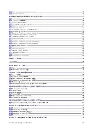 3.3.5 FONCTIONS À PARAMÈTRES DE TYPE VARIABLE................................................................................................................... 45
3.3.6 FONCTIONS DIVERSES..................................................................................................................................................... 46
4 APPROFONDISSEMENT DU LANGAGE SQL...................................................................................................... 47
4.1 INTRODUCTION................................................................................................................................................................47
4.2 LA COMMANDE SELECT...............................................................................................................................................51
4.2.1 REQUÊTE MULTI-TABLES................................................................................................................................................. 51
4.2.2 LA JOINTURE ENTRE DEUX TABLES....................................................................................................................................51
4.2.3 REQUÊTES IMBRIQUÉES................................................................................................................................................... 54
4.2.4 REQUÊTES CORRÉLÉES....................................................................................................................................................57
4.2.5 CRITÈRES DE CHOIX POUR L'ÉCRITURE DU SELECT.......................................................................................................... 57
4.3 EXTENSIONS DE SYNTAXE................................................................................................................................................. 58
4.4 GESTION DE L'ACCÈS CONCURRENT AUX DONNÉES.............................................................................................................. 59
4.4.1 LES PRIVILÈGES D'ACCÈS AUX TABLES ET VUES................................................................................................................... 60
4.4.2 SUPPRESSION DES PRIVILÈGES ACCORDÉS........................................................................................................................... 61
4.4.3 LES TRANSACTIONS........................................................................................................................................................ 62
4.4.4 LECTURE COHÉRENTE.....................................................................................................................................................63
4.4.5 CONTRÔLE PAR DÉFAUT DES ACCÈS CONCURRENTS.............................................................................................................. 64
4.4.6 CONTRÔLE EXPLICITE DES ACCÈS CONCURRENTS................................................................................................................. 65
4.5 GESTION DES PERFORMANCES...........................................................................................................................................65
4.5.1 LES INDEX....................................................................................................................................................................65
4.5.2 CRÉATION D'UN INDEX....................................................................................................................................................66
4.5.3 OBTENIR LA LISTE DES INDEX.......................................................................................................................................... 66
4.5.4 ABANDON D'UN INDEX....................................................................................................................................................67
4.5.5 CONSEILS..................................................................................................................................................................... 67
4.6 LE DICTIONNAIRE DES DONNÉES........................................................................................................................................ 67
5 CONCLUSION............................................................................................................................................................. 70

ANNEXES....................................................................................................................................................................... 71

6 SQL AVEC ACCESS....................................................................................................................................................72
6.1 CRÉER UNE BASE.............................................................................................................................................................72
6.2 GÉNÉRER DES REQUÊTES SQL.........................................................................................................................................74
7 SOURCES DE DONNÉES ODBC.............................................................................................................................. 77
7.1 PILOTES ODBC.............................................................................................................................................................77
7.2 SOURCES DE DONNÉES ODBC......................................................................................................................................... 77
7.3 CRÉER UNE SOURCES DE DONNÉES ODBC........................................................................................................................78
7.4 UTILISER UNE SOURCE DE DONNÉES ODBC...................................................................................................................... 80
7.5 MICROSOFT QUERY........................................................................................................................................................ 83
7.6 ÉCHANGER DES DONNÉES ENTRE SGBD COMPATIBLES ODBC.......................................................................................... 84
8 INSTALLATION D'ORACLE SOUS WINDOWS................................................................................................... 92
8.1 OÙ TROUVER LE PRODUIT ?............................................................................................................................................. 92
8.2 L'INSTALLATION ............................................................................................................................................................ 92
8.3 LANCER LA BASE.............................................................................................................................................................94
8.4 UTILISER SQL PLUS...................................................................................................................................................... 94
8.5 CRÉER DES COMPTES UTILISATEURS.................................................................................................................................. 95
8.6 LA FERMETURE DE LA BASE............................................................................................................................................. 96
9 INSTALLATION D'ORACLE SOUS LINUX........................................................................................................... 97
9.1 INSTALLATION D'ORACLE 8, VERSION 1.7.1 SUR LINUX RH 7.0........................................................................................ 97
10 INSTALLER MYSQL SOUS LINUX..................................................................................................................... 113
10.1 INTRODUCTION............................................................................................................................................................113
10.2 INSTALLATION DE MYSQL......................................................................................................................................... 113
10.3 LANCEMENT DU SERVEUR MYSQLD................................................................................................................................ 114
10.4 UTILISATION DU CLIENT MYSQL................................................................................................................................ 114
10.5 POURSUIVRE............................................................................................................................................................... 119
11 INSTALLATION DE MYSQL SOUS WINDOWS 9X......................................................................................... 120


Installation de MySQL sous Windows                                                                                                                                              131
 