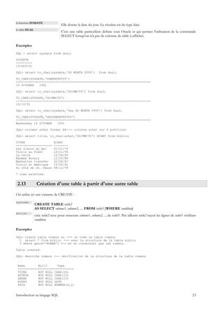 la fonction SYSDATE
                                    Elle donne la date du jour. Le résultat est du type date.
la table DUAL
                                    C'est une table particulière définie sous Oracle et qui permet l'utilisation de la commande
                                    SELECT lorsqu'on n'a pas de colonne de table à afficher.

Exemples

SQL > select sysdate from dual;

SYSDATE
---------
16-OCT-91

SQL> select to_char(sysdate,'DD MONTH YYYY')                     from dual;

TO_CHAR(SYSDATE,'DDMONTHYYYY')
---------------------------------------------------------------------------
16 OCTOBER   1991

SQL> select to_char(sysdate,'DD/MM/YY') from dual;

TO_CHAR(SYSDATE,'DD/MM/YY')
---------------------------------------------------------------------------
16/10/91

SQL> select to_char(sysdate,'Day DD MONTH YYYY') from dual;

TO_CHAR(SYSDATE,'DAYDDMONTHYYYY')
---------------------------------------------------------------------------
Wednesday 16 OCTOBER   1991

SQL> columnn achat format A8 <-- colonne achat sur 8 positions

SQL> select titre, to_char(achat,'DD/MM/YY') ACHAT from biblio;

TITRE                         ACHAT
--------------------          --------
Les fleurs du mal             01/01/78
Tintin au Tibet               10/11/90
La terre                      12/06/90
Madame Bovary                 12/03/88
Manhattan transfer            30/08/87
Tintin en Amérique            15/05/91
Du côté de ch. Swann          08/12/78

7 rows selected.


 2.13            Création d'une table à partir d'une autre table
On utilise ici une variante de CREATE :

syntaxe
                CREATE TABLE table2
                AS SELECT colonne1, colonne2, .... FROM table1 [WHERE condition]
action
                crée table2 avec pour structure colonne1, colonne2, ... de table1. Par ailleurs table2 reçoit les lignes de table1 vérifiant
                condition.

Exemples

SQL> create table romans as <-- on crée la table romans
  2 select * from biblio <-- avec la structure de la table biblio
  3 where genre='ROMAN'; <-- en ne conservant que les romans

Table created.

SQL> describe romans <-- vérification de la structure de la table romans


 Name       Null?      Type
 -------------------------------
 TITRE      NOT NULL CHAR(20)
 AUTEUR     NOT NULL CHAR(15)
 GENRE      NOT NULL CHAR(15)
 ACHAT      NOT NULL DATE
 PRIX       NOT NULL NUMBER(6,2)


Introduction au langage SQL                                                                                                              23
 