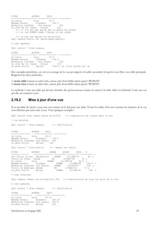 TITRE           AUTEUR       PRIX
-------------------- --------------- ----------
La terre          Zola         52.5
Madame Bovary       Flaubert      136.5
Manhattan transfer    Dos Passos        336
Du côté de ch. Swann    Proust        210
    <-- il n'y est pas parce que le genre est Roman
    <-- et non ROMAN comme l'exige la vue créée

    <-- on met les genres en majuscules
SQL> update biblio set genre=upper(genre);

8 rows updated.

SQL> select * from romans;

TITRE           AUTEUR       PRIX
-------------------- --------------- ----------
La terre          Zola         52.5
Madame Bovary       Flaubert      136.5
Manhattan transfer    Dos Passos        336
Du côté de ch. Swann    Proust        210
Le père Goriot      Balzac        200<-- le livre ajouté est là

Des exemples précédents, on voit un avantage de la vue par rapport à la table secondaire lorsqu'on veut filtrer une table principale.
Rappelons les deux méthodes :

1 create table romans as select titre, auteur, prix from biblio where genre='ROMAN'
2 create view romans as select titre, auteur, prix from biblio where genre='ROMAN'

La méthode 1 crée une table qui devient obsolète dès qu'un nouveau roman est ajouté à la table biblio. La méthode 2 crée une vue
qui elle, est toujours à jour.

2.19.2          Mise à jour d'une vue
Il est possible de mettre à jour une vue comme on le fait pour une table. Toutes les tables d'où sont extraites les données de la vue
sont affectées par cette mise à jour. Voici quelques exemples :

SQL> delete from romans where prix=210;              <-- suppression de lignes dans la vue

1 row deleted.

SQL> select * from romans;             <-- vérification


TITRE           AUTEUR     PRIX
---------------   --------------- ----------
La terre        Zola       52.5
Madame Bovary       Flaubert     136.5
Manhattan transfer Dos Passos 336
Le père Goriot      Balzac     200

SQL> select * from biblio;           <-- impact sur biblio

TITRE           AUTEUR         GENRE       ACHAT      PRIX    D
--------------    --------------- ---------- --------- ---------- -
Les fleurs du mal Baudelaire       POEME       01-JAN-78        60 n
Tintin au Tibet   Hergé          BD        10-NOV-90       70 o
La terre        Zola         ROMAN       12-JUN-90      52.5 n
Madame Bovary      Flaubert          ROMAN       12-MAR-88     136.5 o
Manhattan transfer Dos Passos      ROMAN       30-AUG-87       336 o
Tintin en Amérique Hergé           BD        15-MAY-91       70 o
Le père Goriot     Balzac            ROMAN       01-SEP-91       200 o

7 rows selected.

SQL> update romans set prix=prix*1.05;             <-- modification de tous les prix de la vue

4 rows updated.

SQL> select * from romans;             <-- vérification

TITRE           AUTEUR      PRIX
----------------    ----------- ----------
La terre        Zola       55.13
Madame Bovary      Flaubert      143.33
Manhattan transfer Dos Passos 352.8
Le père Goriot     Balzac        210


Introduction au langage SQL                                                                                               29
 