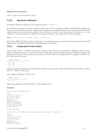 Opérateurs de concaténation

chaine1 || chaine2 : chaine2 concaténée à chaine1


3.2.2.2         Opérateurs relationnels

Que signifie comparer des chaînes avec des opérateurs tels que <, <=, etc ... ?

Tout caractère est codé sur un octet par un nombre compris entre 0 et 255. On appelle ce codage, le code ASCII des caractères. On
trouvera ces codes ASCII en annexe. Ce codage permet la comparaison entre deux caractères. Ce sont en effet les codes ASCII (des
nombres donc) des caractères qui sont comparés. Ainsi on dira que le caractère C1 est plus petit que le caractère C2 si le code
ASCII de C1 est plus petit que le code ASCII de C2. A partir de la table des codes ASCII, on a les relations suivantes :

blanc<..< 0 < 1 < ...< 9 < ...< A < B <... < Z < ... < a < b < ... < z

Dans l'ordre ASCII, les chiffres viennent avant les lettres, et les majuscules avant les minuscules. On remarquera que l'ordre ASCII
respecte l'ordre des chiffres ainsi que l'ordre alphabétique auquel on est habitué.

3.2.2.3         Comparaison de deux chaînes

Soit la relation 'CHAT' < 'CHIEN'. Est-elle vraie ou fausse ? Pour effectuer cette comparaison, ORACLE compare les deux
chaînes caractère par caractère sur la base de leurs codes ASCII. Dès que deux caractères sont trouvés différents, la chaîne à qui
appartient le plus petit des deux est dite plus petite que l'autre chaîne. Dans notre exemple 'CHAT' est comparée à 'CHIEN'. On a
les résultats successifs suivants :

  'CHAT' 'CHIEN'
----------------------------
  'C' = 'C'
  'H' = 'H'
  'A' < 'I'

Après cette dernière comparaison, la chaîne 'CHAT' est déclarée plus petite que la chaîne 'CHIEN' dans l'ordre ASCII. La relation
'CHAT' < 'CHIEN' est donc vraie.

Soit à comparer maintenant 'CHAT' et 'chat'.

  'CHAT' 'chat'
--------------------------
  'C' < 'c'

Après cette comparaison, la relation 'CHAT' < 'chat' est déclarée vraie.

Exemples

SQL> select titre from biblio;

TITRE
--------------------
Les fleurs du mal
Tintin au Tibet
La terre
Madame Bovary
Manhattan transfer
Tintin en Amérique
Du côté de ch. Swann
Le père Goriot

8 rows selected.

SQL> select titre from biblio where upper(titre) between 'L' and 'U';

TITRE
--------------------
Les fleurs du mal
Tintin au Tibet
La terre
Madame Bovary
Manhattan transfer


Les expressions du langage SQL                                                                                           38
 